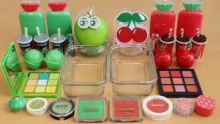 Green Apple VS Cherry'Mixing Eyeshadow,Makeup and glitter Into Slime.★ASMR★Satisfying Slime Video