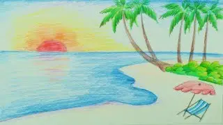 How to Draw a Scenery of Sea Beach - Draw Beach Scenery for Kids - Easy Step by Step for Beginners
