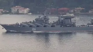 Russian Navy Cruiser MOSKVA & Frigate ADMIRAL ESSEN transit Istanbul towards Black Sea - Jul 5, 2021