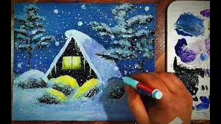 Рисунок акрилом. Зима.Acrylic drawing. Winter.アクリル絵具。 冬だ