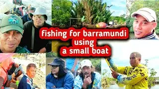 fishing for barramundi using a small boat to remote areas in Kuala Lupak