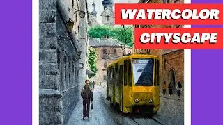 Original realistic watercolor cityscape painting / A Street in Lviv, Ukraine
