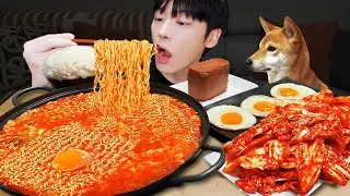 MUKBANG ASMR FIRE NOODLES & FRIED EGG, CHEESE SPAM & Kimchi recipe EATING !!!