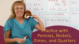 Practice problems with quarters, dimes, nickels, and pennies (1st grade math)