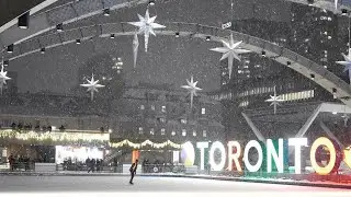 Toronto Winter Snowfall and Downtown Evening Lights City Hall Yonge and Front Street 4K