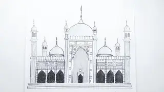 Badshahi Masjid, Lahore Drawing Tutorial | Badshahi Mosque Drawing Easy | Mosque Pencil Drawing