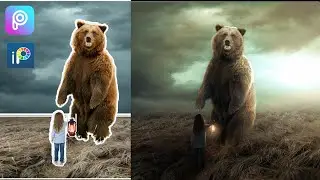 A little girl facing a huge bear 