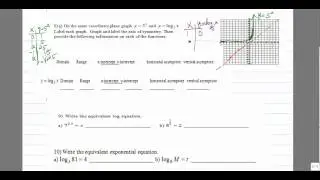 Graph of logs and exponential functions, domain range intercepts symmetry