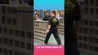 Can he break them all? Concrete breaking Martial arts sport karate competition 