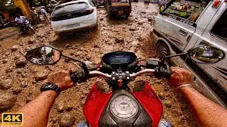 4K POV CB Hornet bike riding through muddy water potholes | Real ASMR Village road Experience 