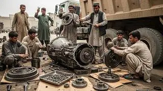 Young Afghan Mechanic demonstrates Mercedes Gearbox Rebuildng with Basic Tools