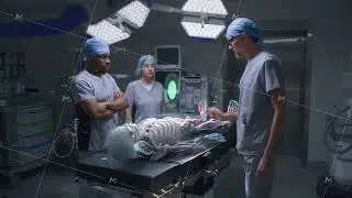 3D graphics of hologram showing human skeleton in operating room