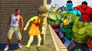 Franklin play HIDE AND KILL with Squid Game Doll & HULKS In GTA 5...