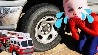 SpiderBaby Fire Engine Toy Gets CRUSH by BIG TRUCK! w/ Spiderman & Joker in Real Life
