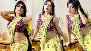 Aunty yellow saree huge deep navel & sexy belly, hot desi babe 