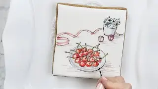 Painting a Watercolor Still life with cherries on a Gingerbread - Satisfying Dessert Decoration