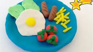 How to paste food from plasticine. scrambled eggs with sausages, french fries and tomatoes.