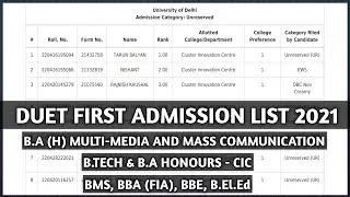 DUET FIRST ADMISSION LIST 2021-RELEASED | BMS/BBA/BE/B.El.Ed, BA(H) & B.TECH RESULT | SOLUTION ATLAS