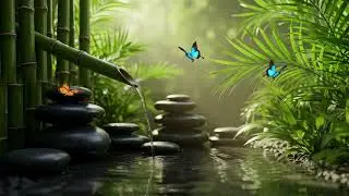 Calming Music for Meditation & Sleep | Garden Relaxation | Flowing Bamboo Water & Butterflies