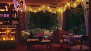 Rainy Halloween Night at Coffee Shop with Relaxing Dark Jazz Music