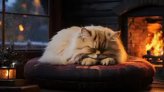 Soft purr of a cute cat. Relaxing and comforting fireplace and blizzard sounds