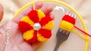 It's so Cute 💖🌟 Super Easy Pom Pom Flower Making Idea with Wool - DIY Amazing Woolen Flowers