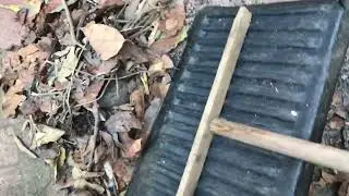 Salvaged Upcycled Truck Tailgate Liner On DIY Makeshift Large Dust Pan For Food Forest Leaf Litter