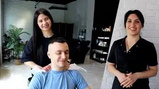 Massage by 2 barber sisters | ASMR Head, neck and face massage by Vika and Lena in barbershop