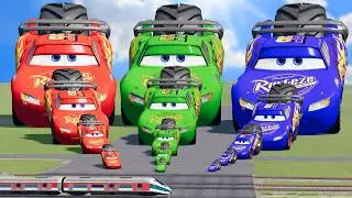 Big & Small: Red Mcqueen vs Green Mcqueen vs Blue Mcqueen with Rear Mono MonsterTruck wheel vs Train