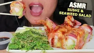 ASMR SPICY ANGEL SOYBEAN SUSHI ROLL & SEAWEED SALAD - MESSY SEAFOOD EATING SOUNDS - NO TALKING