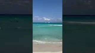 The beach before and after seaweed in Playa del Carmen, Mexico (May 2024)