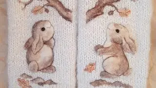 Рисунок 🐰 из шерсти на варежках, маленький кусочек процесса работы :)