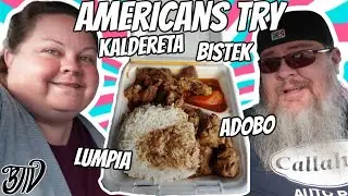 Americans Try Filipino Food || Kaldereta || Bistek || Adobo || Foreign Food Friday
