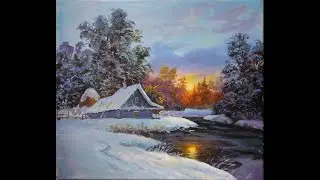 Winter evening Acrylics/ landscape sunset painting/ Зимний вечер акрилом/ Зимний пейзаж с домиком