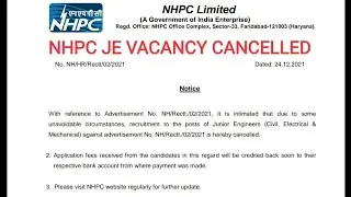 NHPC JE VACANCY CANCELLED OFFICIAL NOTIFICATION ! NHPC JE ALL BRANCH VACANCY 2021 CANCELLED !
