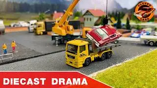 Massive Crash in 1/64 Scale Miniature City: Cement Mixer vs. Car Transporter