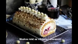 MOSKVA ROLAT SA VIŠNJAMA I ANANASOM - divan spoj biskvita sa bademima, kreme koja se ne kuva i voća!
