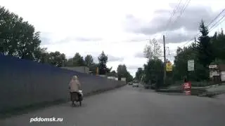 Женщина катит телегу по проезжай части