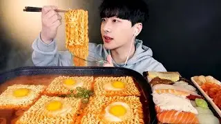 ENG SUB)Spicy Korean Ramyeon! Instant Noodles Mukbang 🔥 (feat. Kimchi and Salmon Sushi)