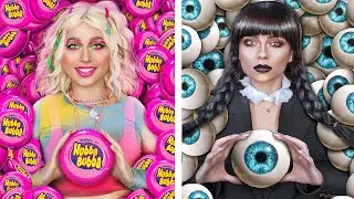 Makanan Warna Pink vs Makanan Warna Hitam / Wednesday vs Enid! Tantangan Makan!