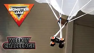 MAX D PARACHUTE JUMP! Will it hit the Target?! Monster Jam Toy Stunt Challenge #4
