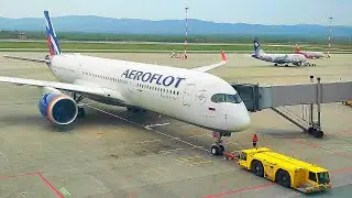 Airbus A350-900 Аэрофлот. Буксировка, руление, взлёт в аэропорту Владивосток.