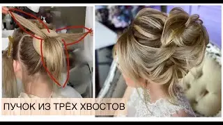 Three-tail bun. Wedding hairstyle.