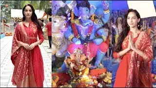 Desi Look में बाप्पा के दर्शन करने T- Series पंडाल में पोह्ची Nora Fatehi