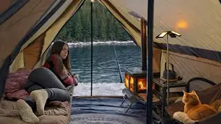 Solo Camping by the Frozen Lake ❄️ Cozy Hot Tent, Fishing & Fire | ASMR 