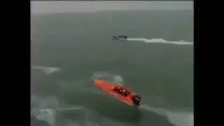 Boat leaps into air then rapidly sinks underwater