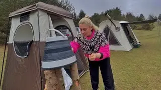 HOT TENT CAMP WITH STOVE IN THE RAIN