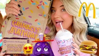 Trying McDonald's NEW Grimace Birthday Meal! 🥳🍔 McDonald's Mukbang