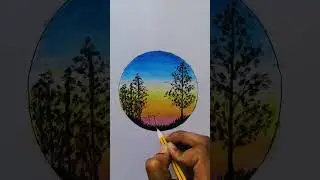 Beautiful Sunset scenery drawing using Oil Pastels// Circle drawing.