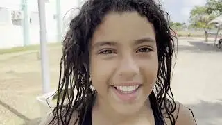 Leaving the pool to dry off!